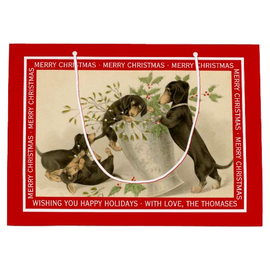 ヴィンテージクリスマスビクトリアンかわいいダックスシャント犬 ラージペーパーバッグ (正面)