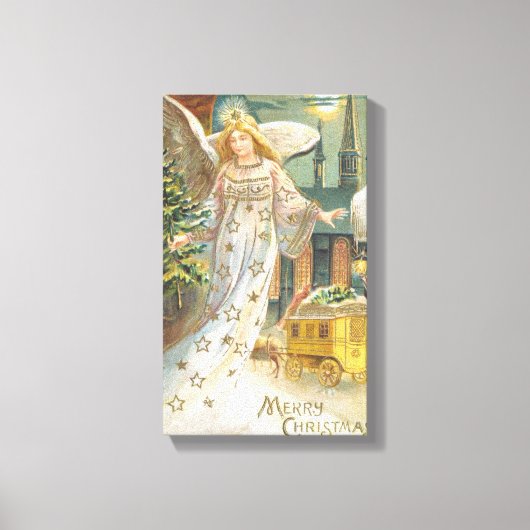 ヴィンテージクリスマスビクトリアン、エンジェルとツリー キャンバスプリント (正面)