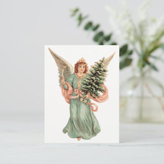 ヴィンテージクリスマスビクトリアン、エンジェルとツリー シーズンポストカード (スタンド正面)
