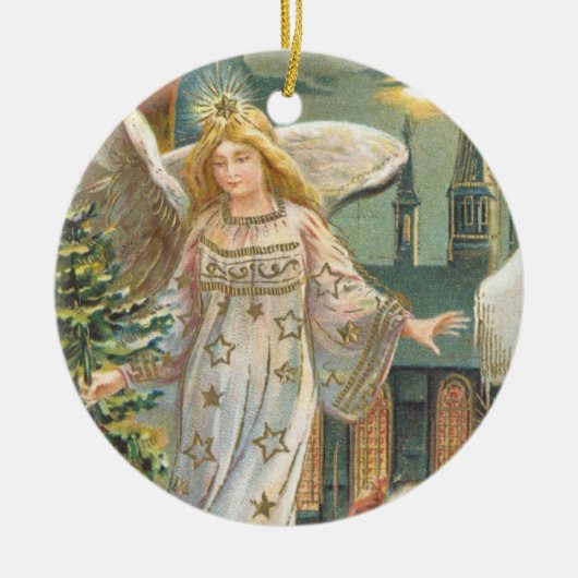 ヴィンテージクリスマスビクトリアン、エンジェルとツリー セラミックオーナメント (正面)