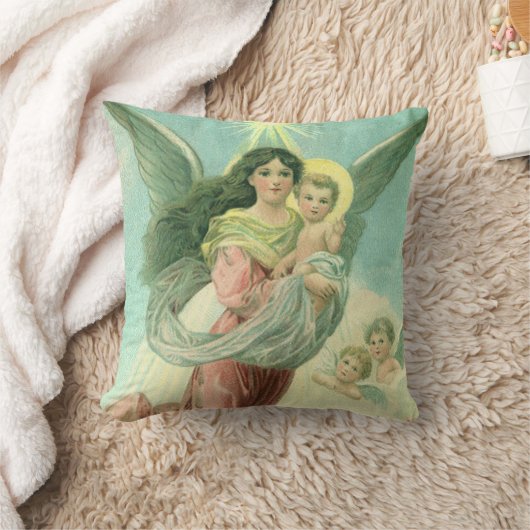 ヴィンテージクリスマスビクトリアン、エンジェルとベビーイエス クッション (ブランケット)
