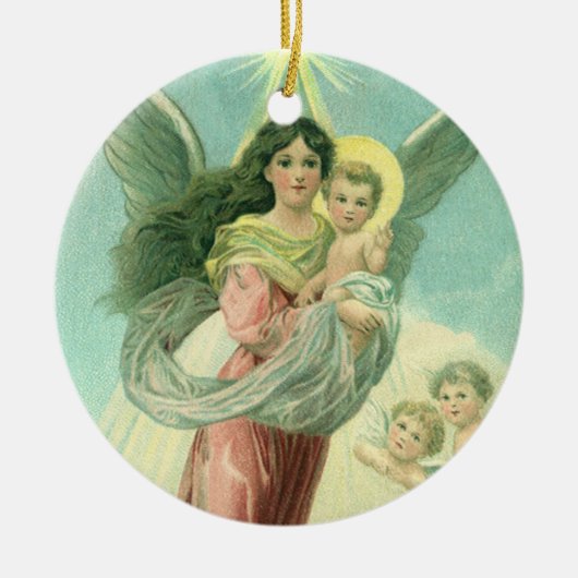 ヴィンテージクリスマスビクトリアン、エンジェルとベビーイエス セラミックオーナメント (正面)