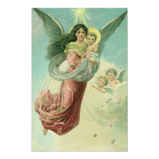 ヴィンテージクリスマスビクトリアン、エンジェルとベビーイエス ポスター (正面)