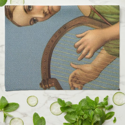 ヴィンテージクリスマスビクトリアン、エンジェルと音楽ハープ キッチンタオル (折り畳み)