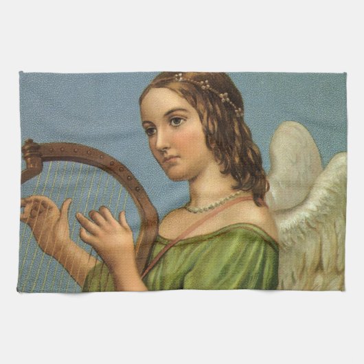 ヴィンテージクリスマスビクトリアン、エンジェルと音楽ハープ キッチンタオル (横)