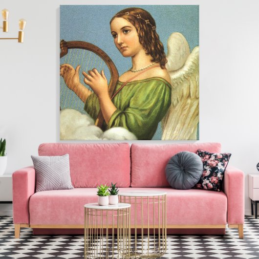 ヴィンテージクリスマスビクトリアン、エンジェルと音楽ハープ キャンバスプリント (インサイチュ (リビング))