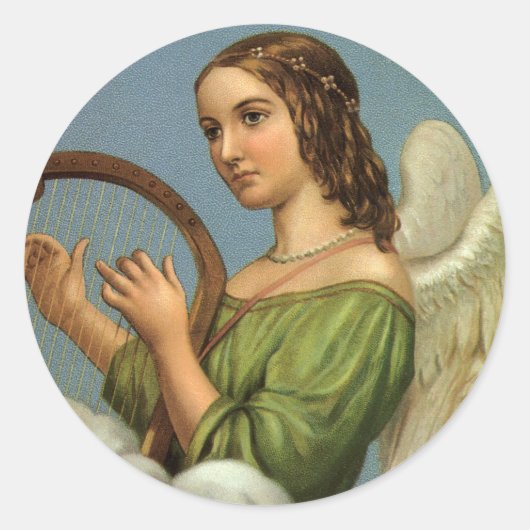 ヴィンテージクリスマスビクトリアン、エンジェルと音楽ハープ ラウンドシール (正面)