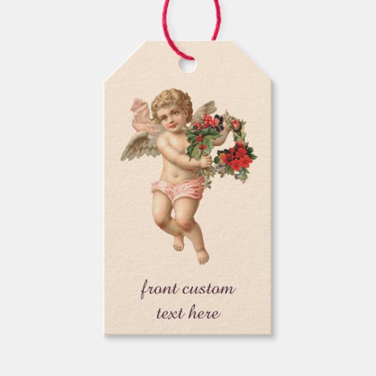 ヴィンテージクリスマスビクトリアン、エンジェルwフローラリース ギフトタグ (正面)