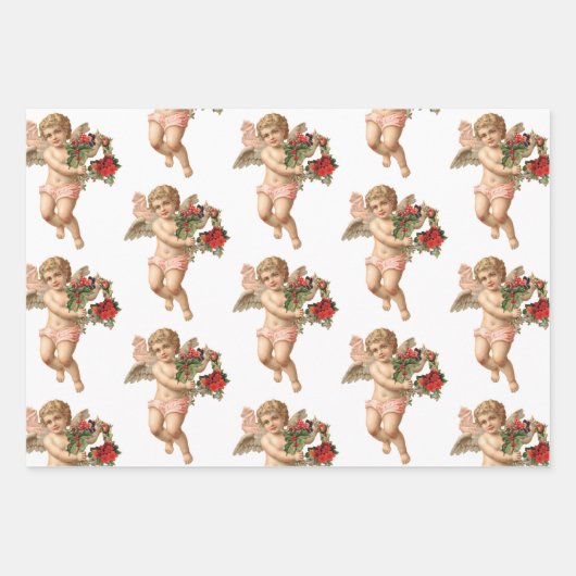 ヴィンテージクリスマスビクトリアン、エンジェルwフローラリース ラッピングペーパーシート (正面2)