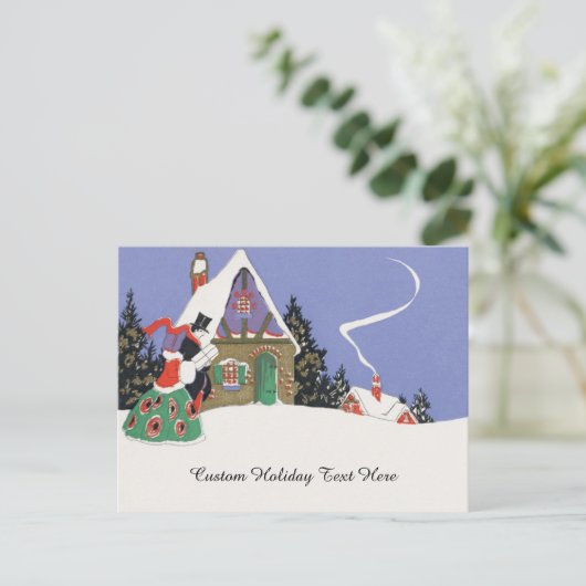 ヴィンテージクリスマスビクトリアン、カップルがパーティーへ ポストカード (スタンド正面)