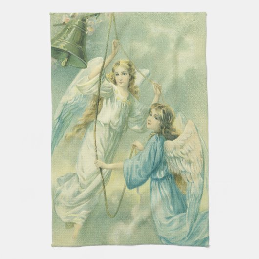 ヴィンテージクリスマスビクトリアン、ベル付き天使 キッチンタオル (縦)