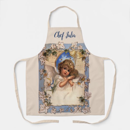 ヴィンテージクリスマスビクトリアン、天使と金ゴールドベル エプロン (正面)