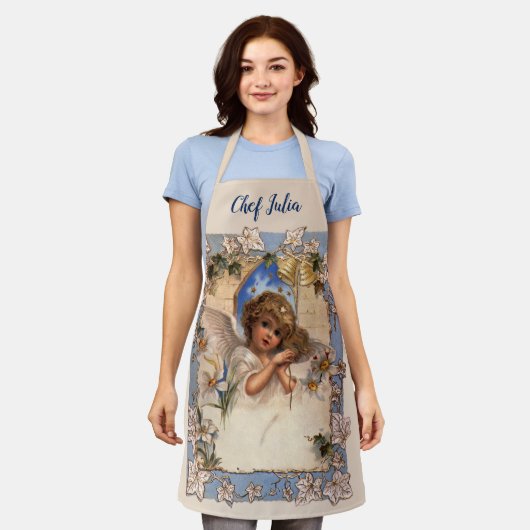 ヴィンテージクリスマスビクトリアン、天使と金ゴールドベル エプロン (着用した状態)