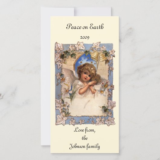 ヴィンテージクリスマスビクトリアン、天使と金ゴールドベル シーズンカード (正面)