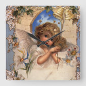 ヴィンテージクリスマスビクトリアン、天使と金ゴールドベル スクエア壁時計 (正面)