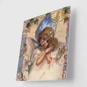 ヴィンテージクリスマスビクトリアン、天使と金ゴールドベル スクエア壁時計 (傾斜)