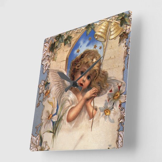 ヴィンテージクリスマスビクトリアン、天使と金ゴールドベル スクエア壁時計 (傾斜)