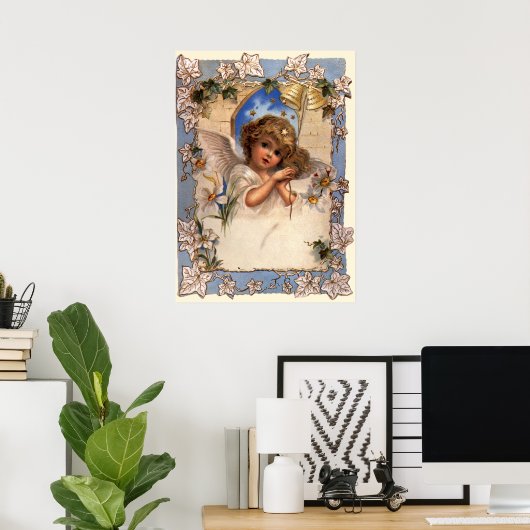 ヴィンテージクリスマスビクトリアン、天使と金ゴールドベル ポスター (ホームオフィス)