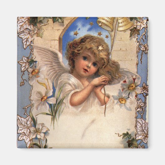 ヴィンテージクリスマスビクトリアン、天使と金ゴールドベル マグネット (正面)