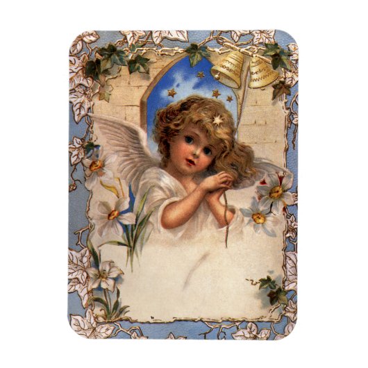 ヴィンテージクリスマスビクトリアン、天使と金ゴールドベル マグネット (縦)