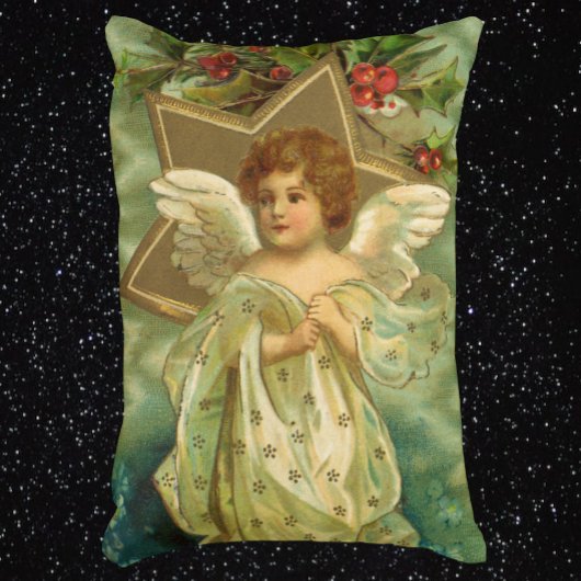 ヴィンテージクリスマスビクトリアン、天使と金ゴールド星 アクセントクッション