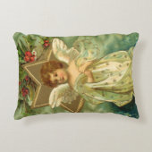 ヴィンテージクリスマスビクトリアン、天使と金ゴールド星 アクセントクッション (正面)