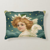 ヴィンテージクリスマスビクトリアン、天使と金ゴールド星 アクセントクッション (正面)