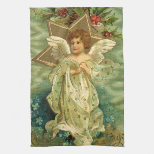 ヴィンテージクリスマスビクトリアン、天使と金ゴールド星 キッチンタオル (縦)