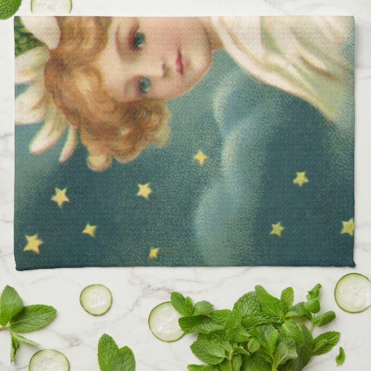 ヴィンテージクリスマスビクトリアン、天使と金ゴールド星 キッチンタオル (折り畳み)