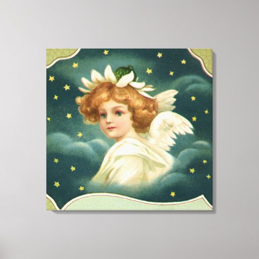 ヴィンテージクリスマスビクトリアン、天使と金ゴールド星 キャンバスプリント (正面)