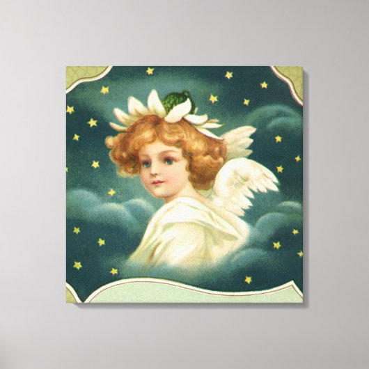 ヴィンテージクリスマスビクトリアン、天使と金ゴールド星 キャンバスプリント (正面)