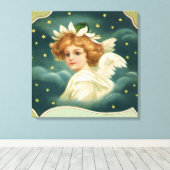 ヴィンテージクリスマスビクトリアン、天使と金ゴールド星 キャンバスプリント (インサイチュ (ウッドフロア))