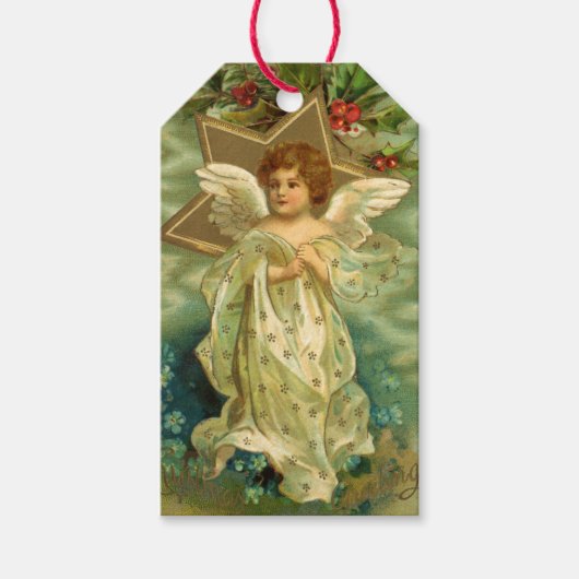 ヴィンテージクリスマスビクトリアン、天使と金ゴールド星 ギフトタグ (正面)