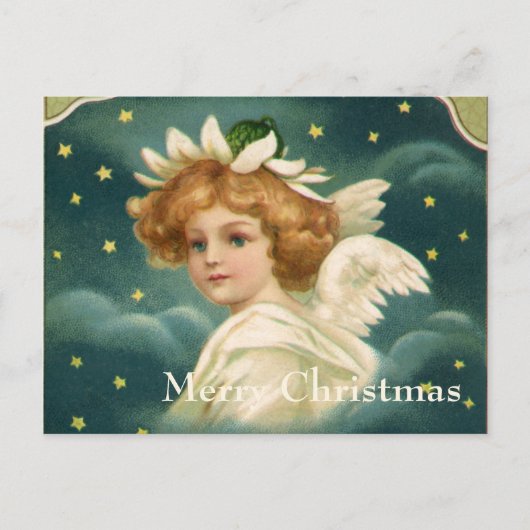 ヴィンテージクリスマスビクトリアン、天使と金ゴールド星 シーズンポストカード (正面)