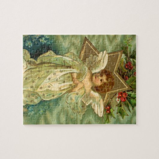 ヴィンテージクリスマスビクトリアン、天使と金ゴールド星 ジグソーパズル (横)