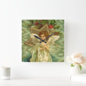 ヴィンテージクリスマスビクトリアン、天使と金ゴールド星 スクエア壁時計 (ホーム)