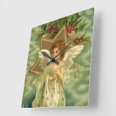 ヴィンテージクリスマスビクトリアン、天使と金ゴールド星 スクエア壁時計 (傾斜)