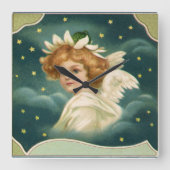 ヴィンテージクリスマスビクトリアン、天使と金ゴールド星 スクエア壁時計 (正面)