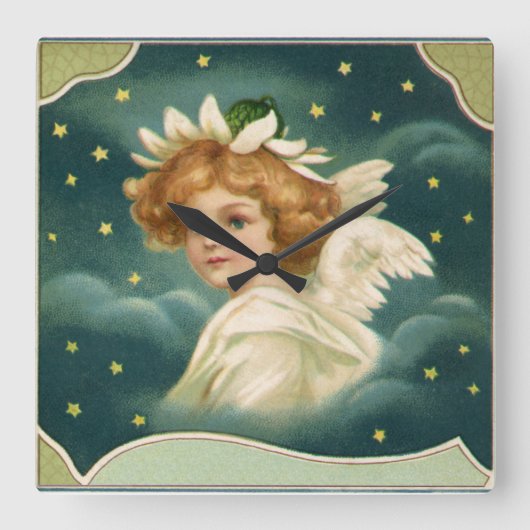 ヴィンテージクリスマスビクトリアン、天使と金ゴールド星 スクエア壁時計 (正面)