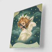 ヴィンテージクリスマスビクトリアン、天使と金ゴールド星 スクエア壁時計 (傾斜)