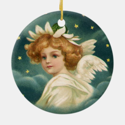 ヴィンテージクリスマスビクトリアン、天使と金ゴールド星 セラミックオーナメント (裏面)