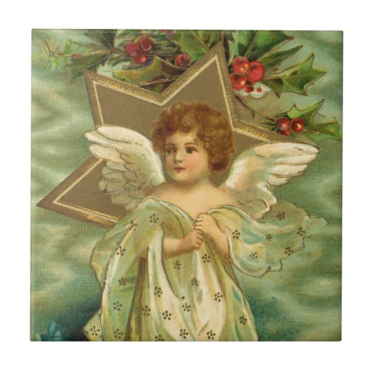 ヴィンテージクリスマスビクトリアン、天使と金ゴールド星 タイル (正面)