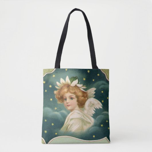 ヴィンテージクリスマスビクトリアン、天使と金ゴールド星 トートバッグ (正面)
