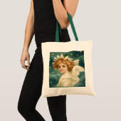 ヴィンテージクリスマスビクトリアン、天使と金ゴールド星 トートバッグ (正面(商品))