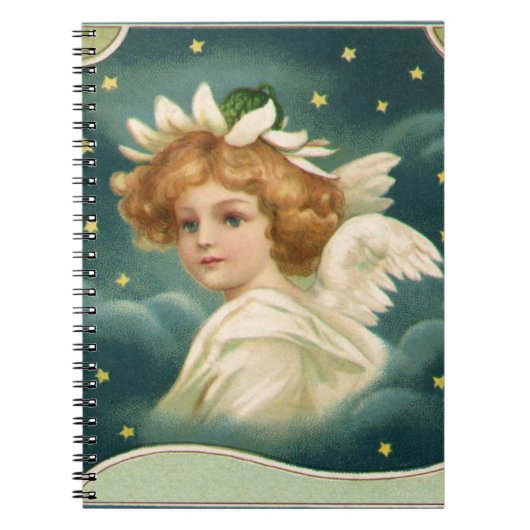 ヴィンテージクリスマスビクトリアン、天使と金ゴールド星 ノートブック (正面)