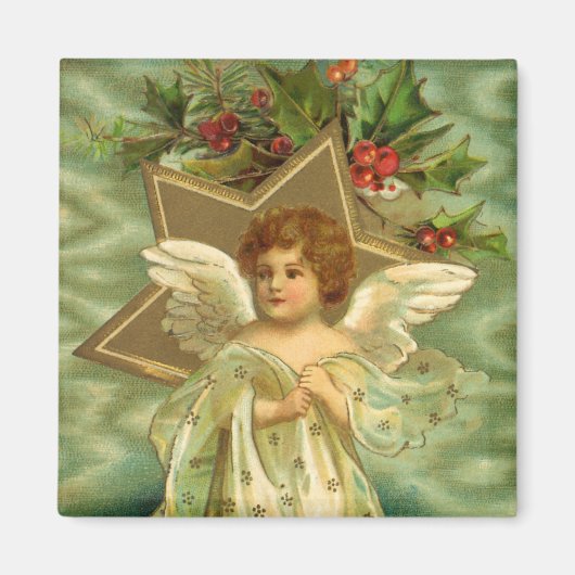 ヴィンテージクリスマスビクトリアン、天使と金ゴールド星 マグネット (正面)