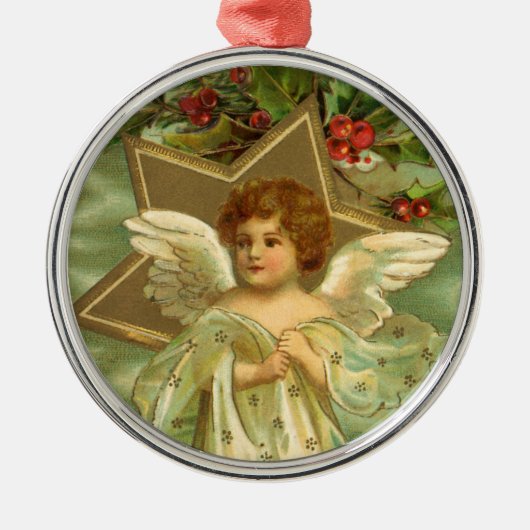 ヴィンテージクリスマスビクトリアン、天使と金ゴールド星 メタルオーナメント (正面)