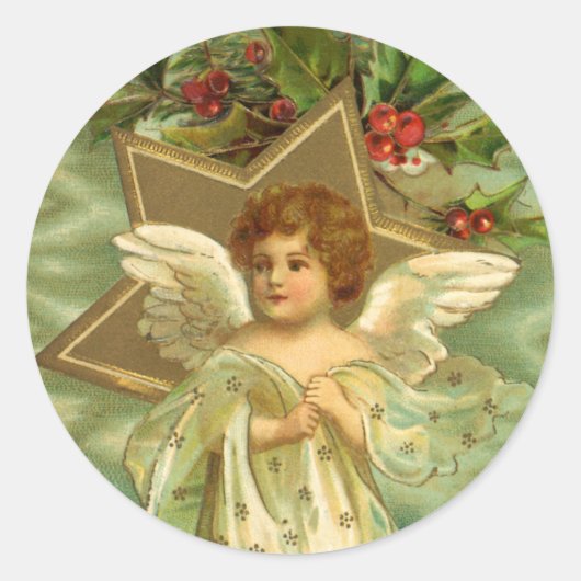 ヴィンテージクリスマスビクトリアン、天使と金ゴールド星 ラウンドシール (正面)