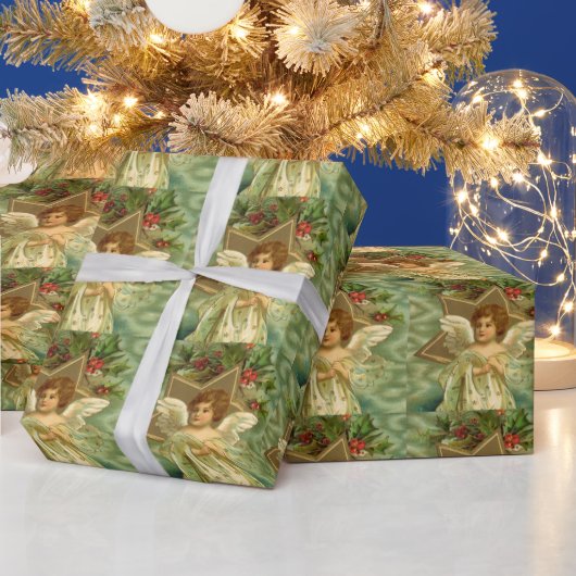 ヴィンテージクリスマスビクトリアン、天使と金ゴールド星 ラッピングペーパー (クリスマス)