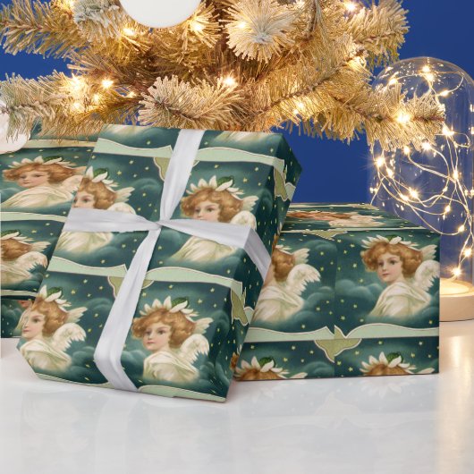 ヴィンテージクリスマスビクトリアン、天使と金ゴールド星 ラッピングペーパー (クリスマス)
